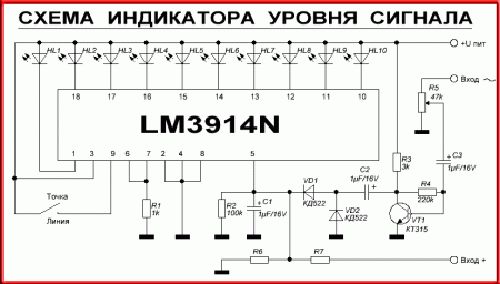 Принципиальная схема индикатора на LM3914_LM3915_LM3916