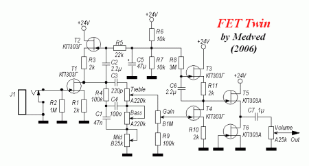 FET TWIN GUITAR PREAMPLIFIER SCHEMATIC