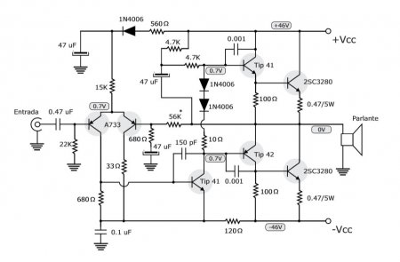 100W Amplifier with NPN transistors schematic