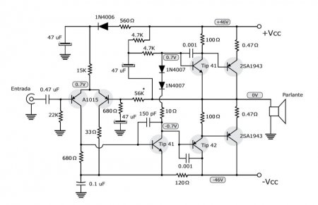 100W Amplifier with PNP transistors schematic