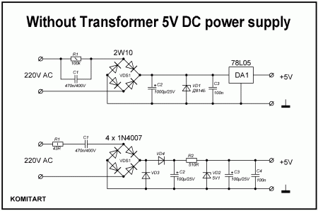 Without Transformer 5V DC power supply Schematic