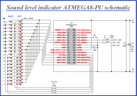 Sound level indicator with 2x 20 LED ATMEGA8 Schematic