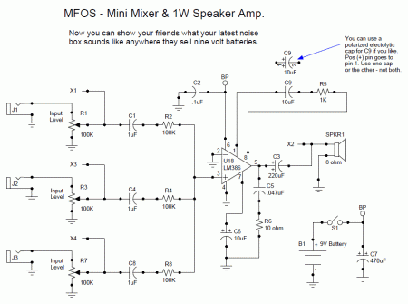 1W Amplifier with 3 Input Mixer Schematic