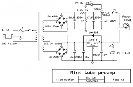 12AX7-12AU7 MINI Tube Preamp Power Supply Schematic