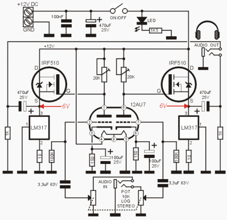 Headphone AMP 12AU7 + IRF510 Schematic