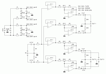 Audio Splitter with Gain Control Schematic