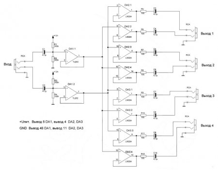 Audio Splitter 1 IN x 4 Stereo OUT schematic