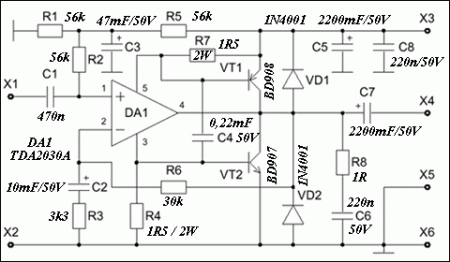 TDA2030 BD907-908 AMPLIFIER schematic