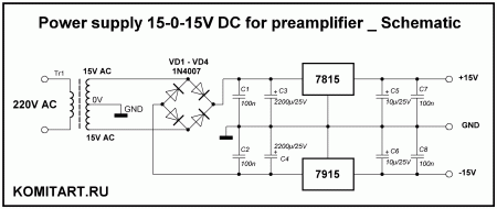 Power supply 15-0-15V DC for preamplifier _ Schematic