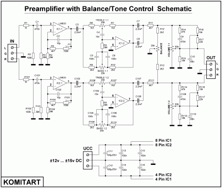 Preamplifier LM833 with Balance Tone Control  Schematic