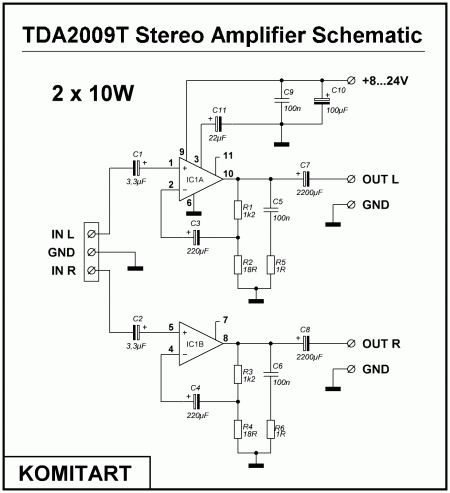 TDA2009T Stereo Amplifier Schematic