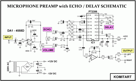MICROPHONE PREAMP with ECHO - DELAY SCHEMATIC