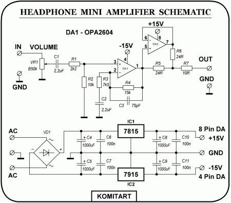 HEADPHONE  MINI  AMPLIFIER OPA2604  SCHEMATIC