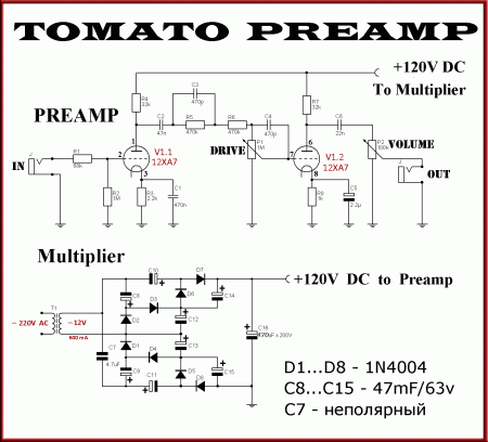 Guitar preamp tomato_принципиальная схема