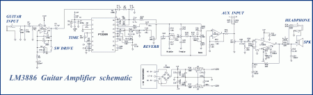 LM3886 Guitar Amplifier DRIVE and DELAY schematic