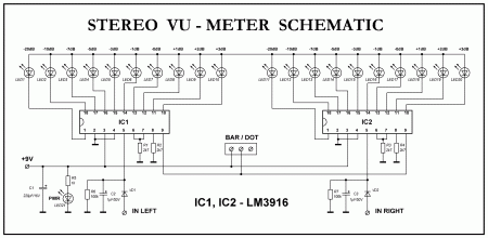 LM3916 Stereo VU meter -20 +3dB Log schematic