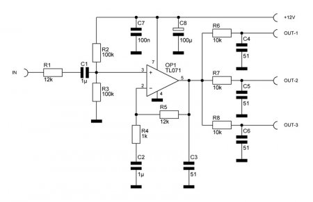 Audio splitter 2 channel 1in-3out  v1.1 schematic