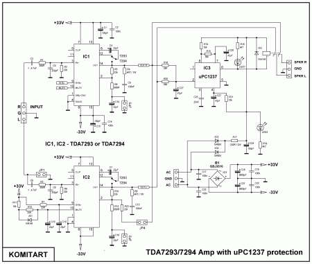TDA7293_TDA7294 STEREO Amplifier with uPC1237 Protection Schematic