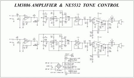 LM3886 amplifier and NE5532 tone control schematic