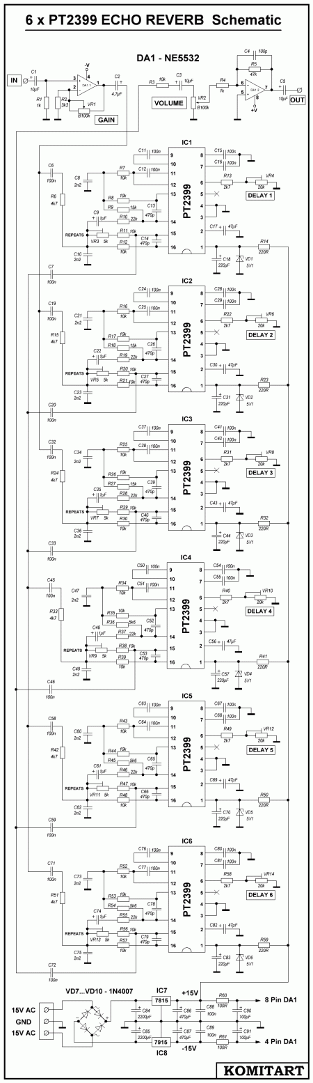 6 x PT2399 Echo Reverb Komitart schematic