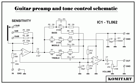 Guitar preamp and tone control schematic