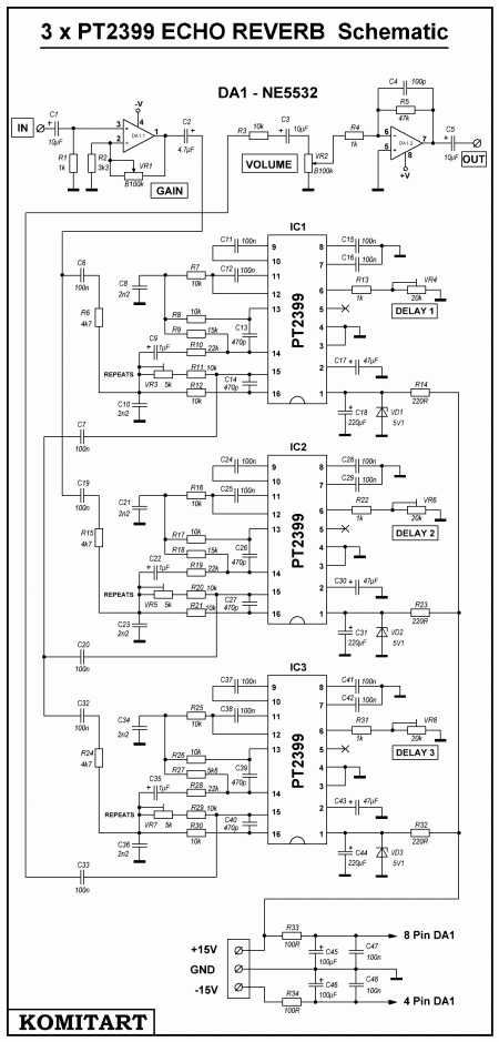 3 x PT2399 Mic ECHO Schematic