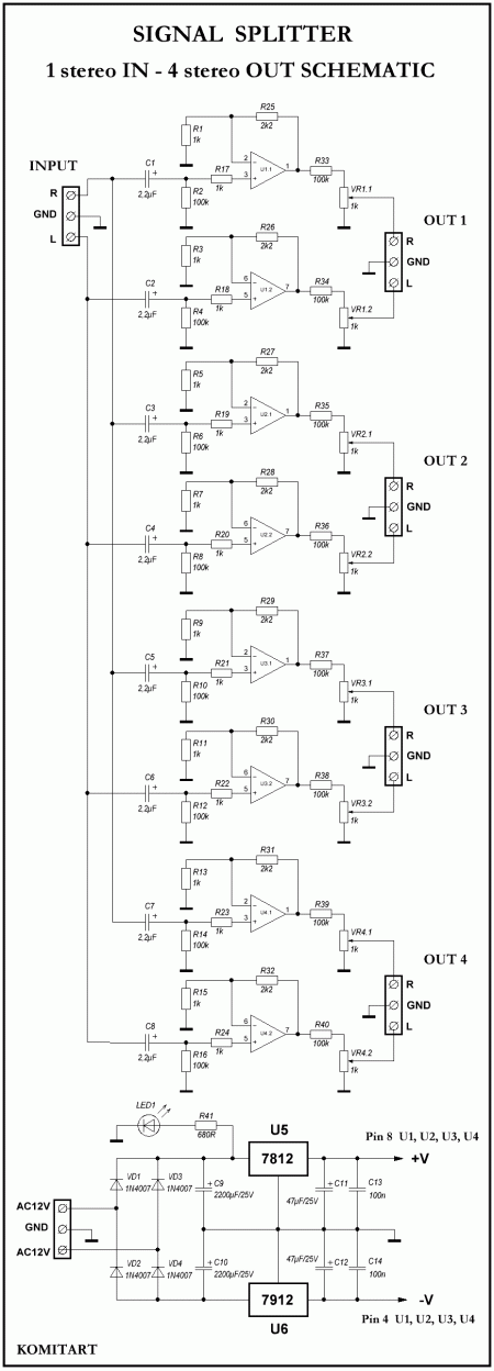 Signal Splitter 1 IN 4 OUT Schematic