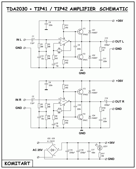 TDA2030 + TIP41 & TIP42 AMPLIFIER  SCHEMATIC