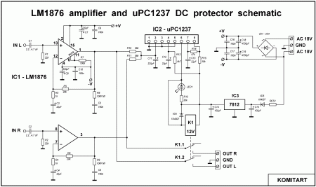 LM1876 amplifier and uPC1237 DC protector ver 1.1 schematic