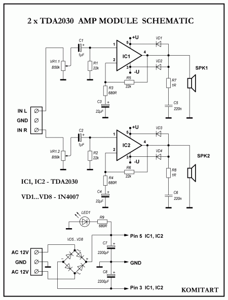 2xTDA2030 amplifier module schematic