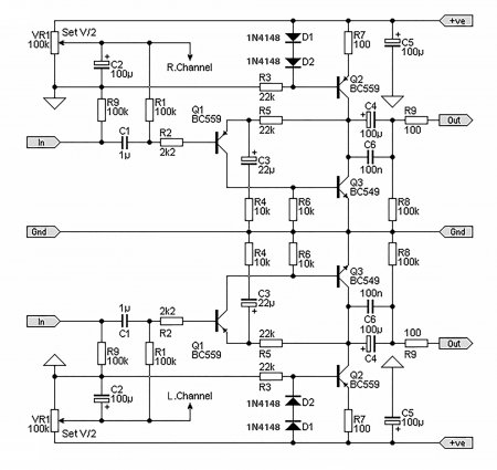 Rod Elliott Mini diskrete preamp schematic