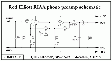 Rod Elliott RIAA phono preamp schematic