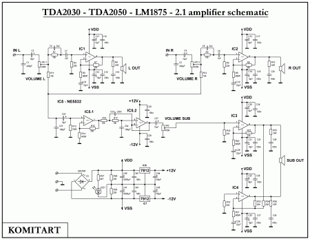TDA2030 - TDA2050 - LM1875 - 2.1 amplifier schematic