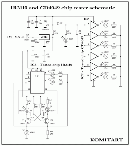 IR2110 and CD4049 chip tester schematic