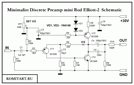 Minimalist Discrete Preamp mini Rod Elliott v2  Schematic