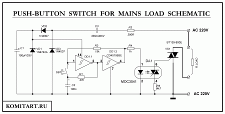 Push-button switch for mains load schematic