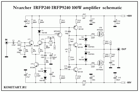Nvarcher  IRFP240 IRFP9240 100W amplifier  schematic