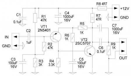 2 transistors headphone amp schematic